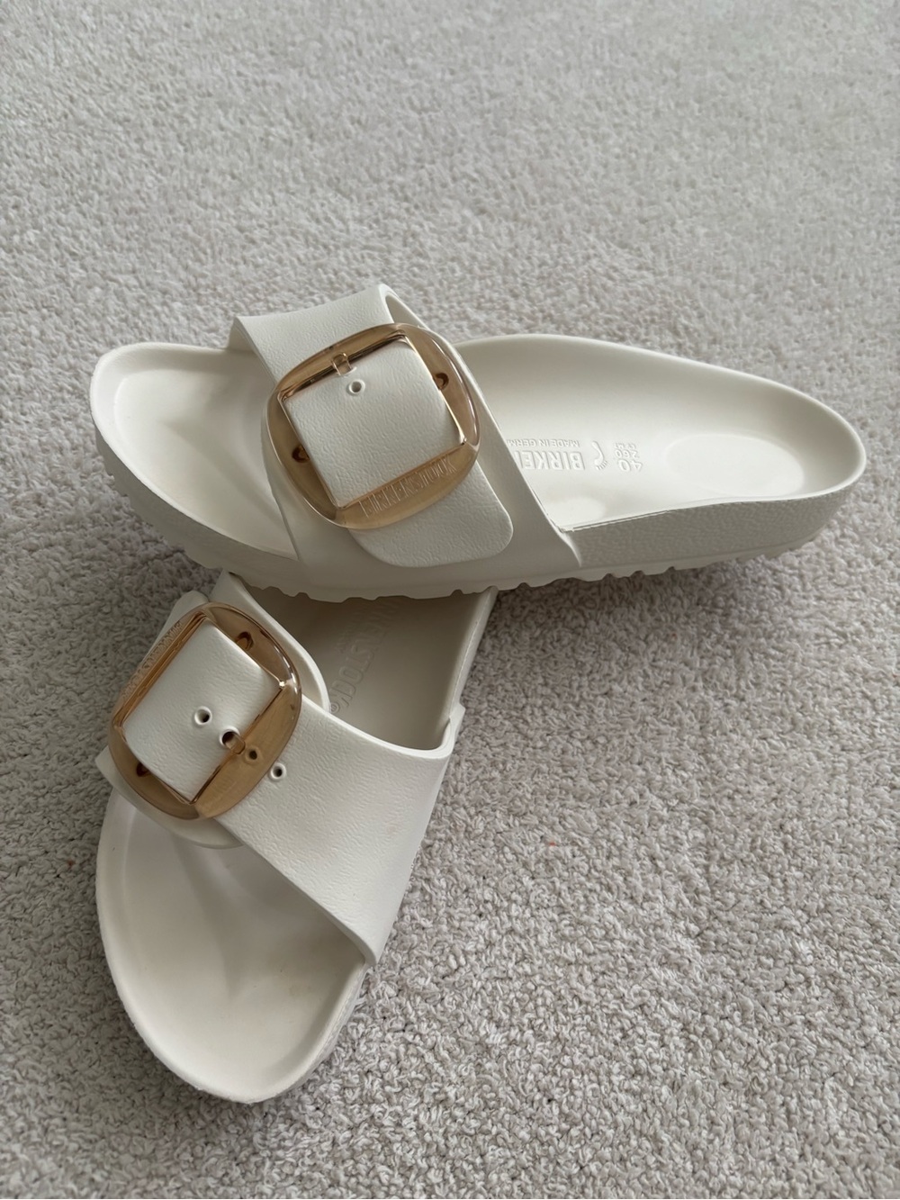 Birkenstock Madrid Off-White Single-Strap EVA Slides with Gold Buckles - Picture 2 of 5